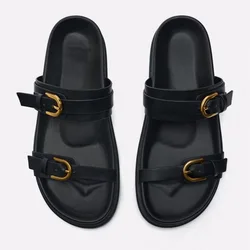 2024 Women's Sandals Metal Buckle Flat Sandals Woman Black Flat Slingback Shoes Female Summer Straps Round Toe Shoes