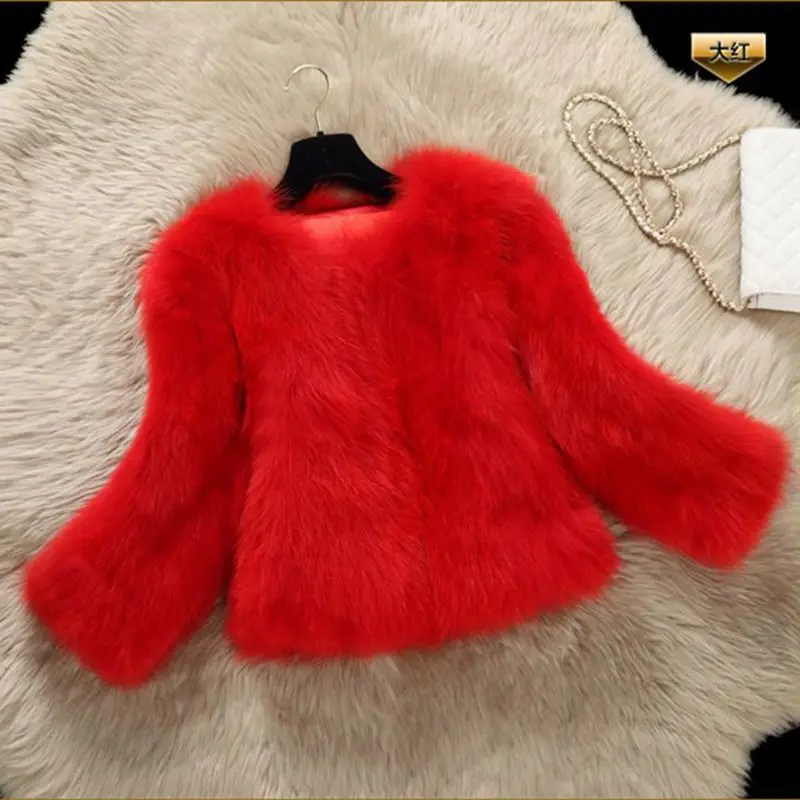 Korean Style Round Neck Slim Faux Fur Coat Women's Fox Fur Three-quarter Sleeve Short Women's Fashion Top