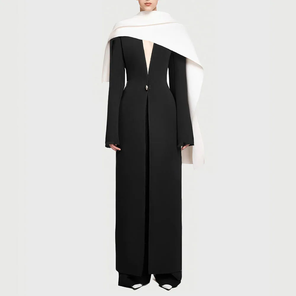 TWOTWINSTYLE Solid Slimming Spliced Single Button Tunic Coat for Women Round Neck Long Sleeves Patchwork Shawl Top Female New