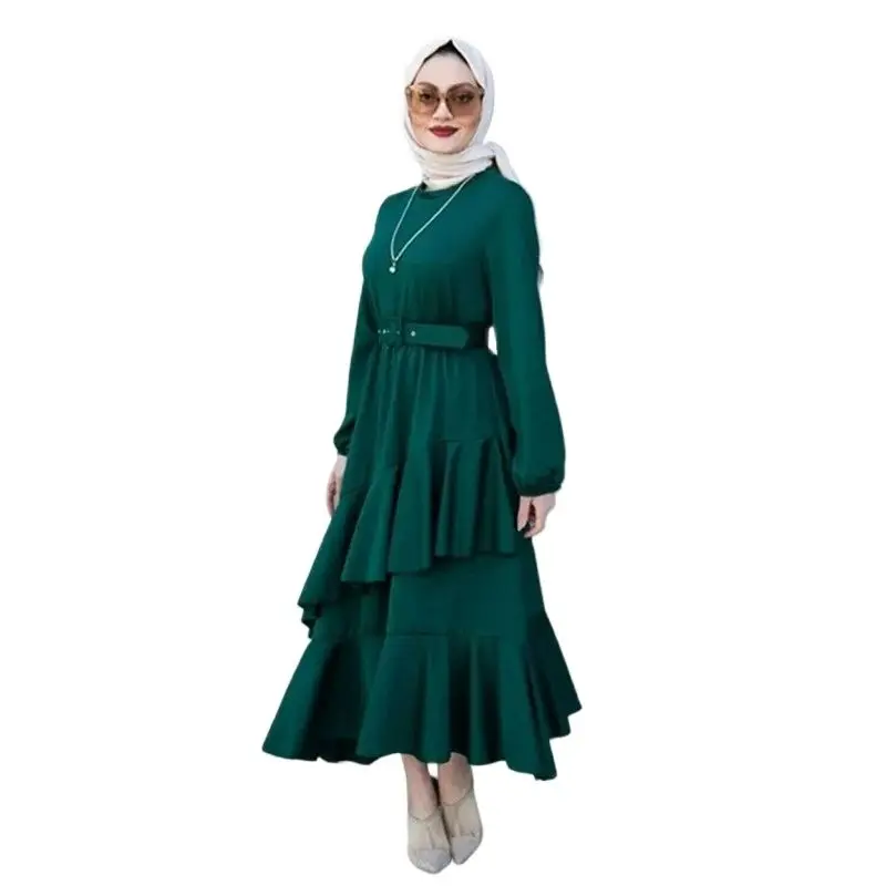 Modest Double-layered Outwear with Ruffled Waist Muslim Dress Turkey Abayas for Women Djelaba Abrigo Mujer Largos Musulmana