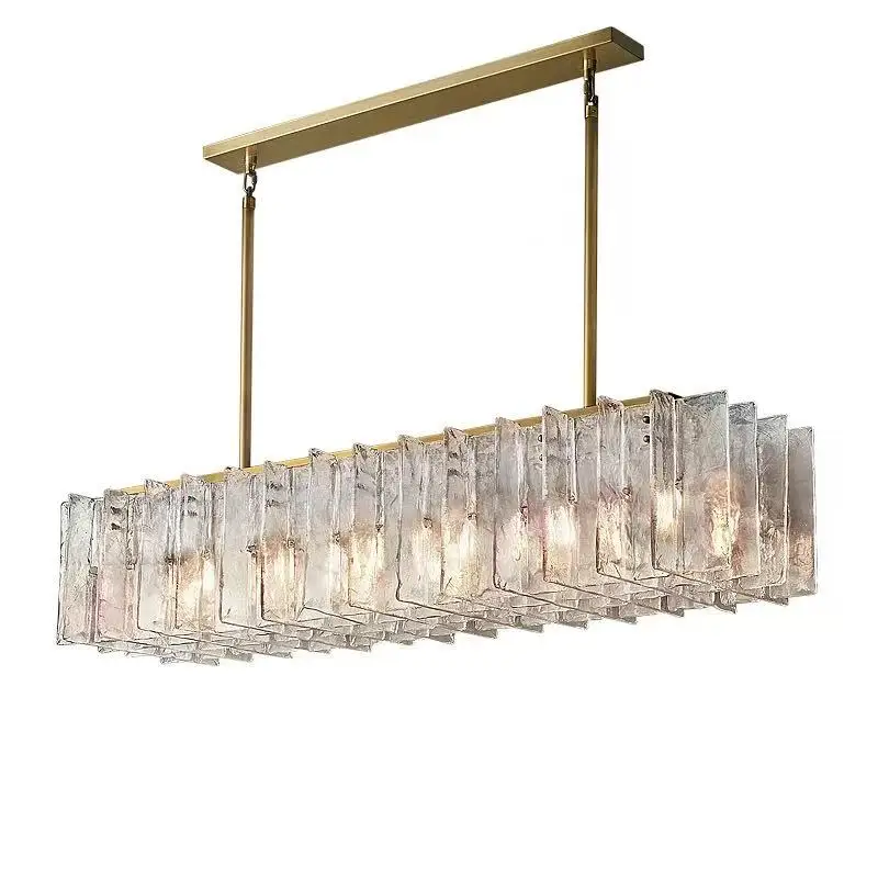Nordic Custom Rectangular Amber Glass Chandelier Cutout design Pendant Lamp Dimmable Lustre Ceiling Light for Kitchen island