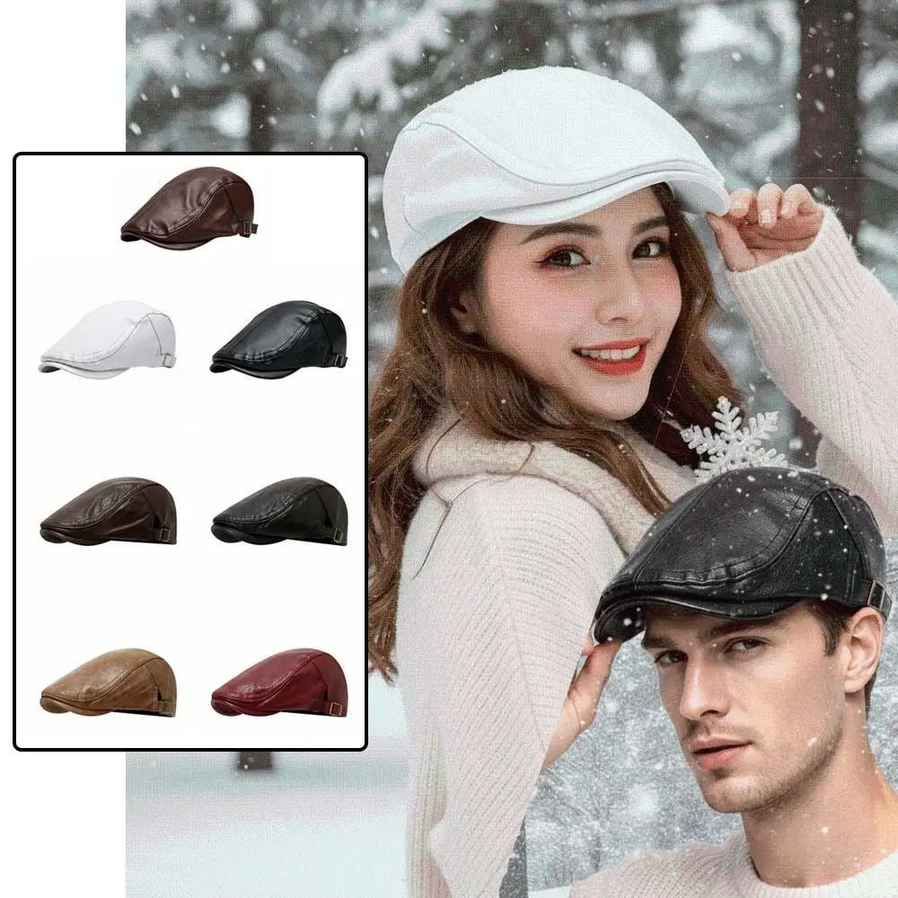 Gatsby Caps PU Leather Leather Beret British Style Retro Vintage Flat Cap Solid Color Adjustable Buckle Newsboy Hat Chilly Days