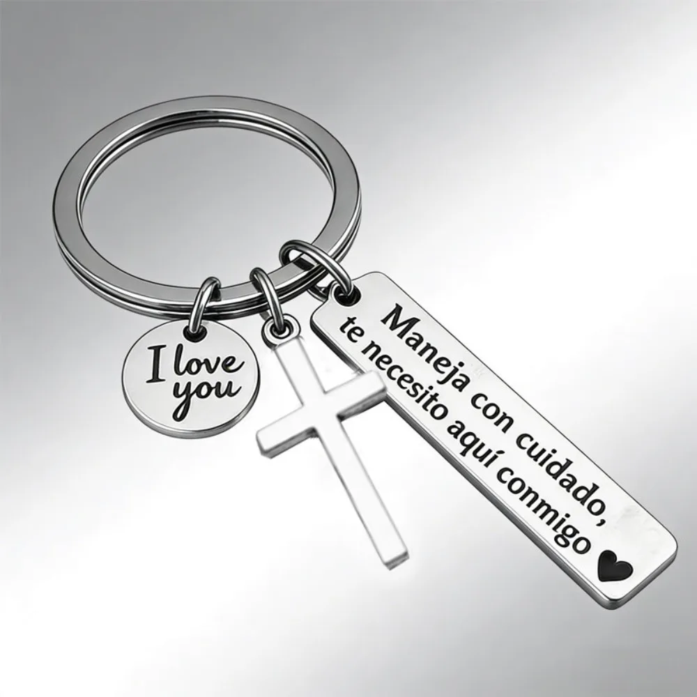 Spanish Driving Safety Keychain Men Women Stainless Steel Engraved Key Chain Romantic Creative Pendant Blessing Gift Birthday