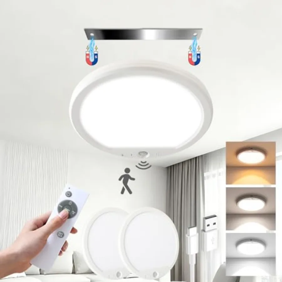 

Rechargeable Motion Sensor Ceiling Light with Remote Magnetic Mount Cordless Dimmable 3 Color Temperatures 6500K~3000K No Wirin
