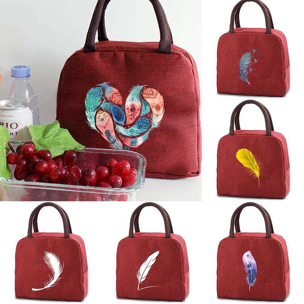

New Feather Printed Lunch Bag Insulated Refrigerated Bag Cold Food and Beverage Box Dinner Large Square Refrigerated Bag