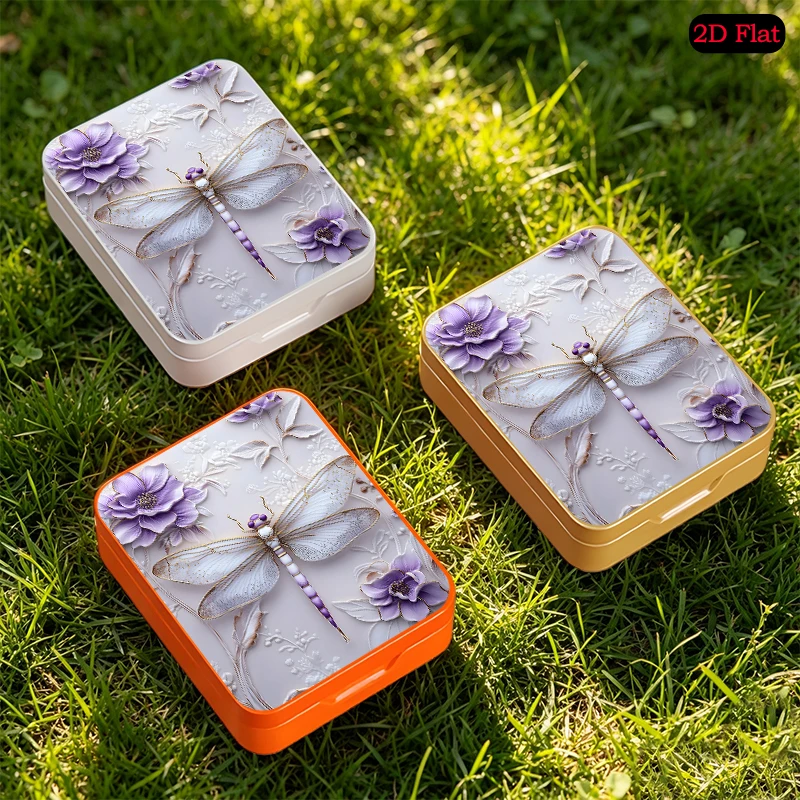 Purple and Gold Dragonfly Theme Small Pocket Flip Top Metal Tin Box, UV Printed Custom Tinplate Box, Anti-rust Mini Tin Box