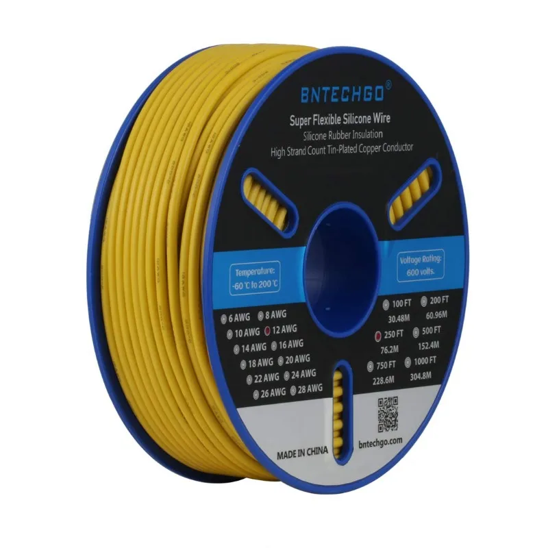 

Катушка из силиконовой проволоки, 250 футов, желтая гибкая, 12 AWG, многожильная луженая медная проволока