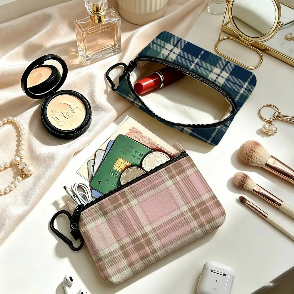 Christmas Plaid BEAUTY  Portable Mini Oxford Cloth Coin Purse With Carabiner Hook Zipper Key Card Earphone Storage Wallet
