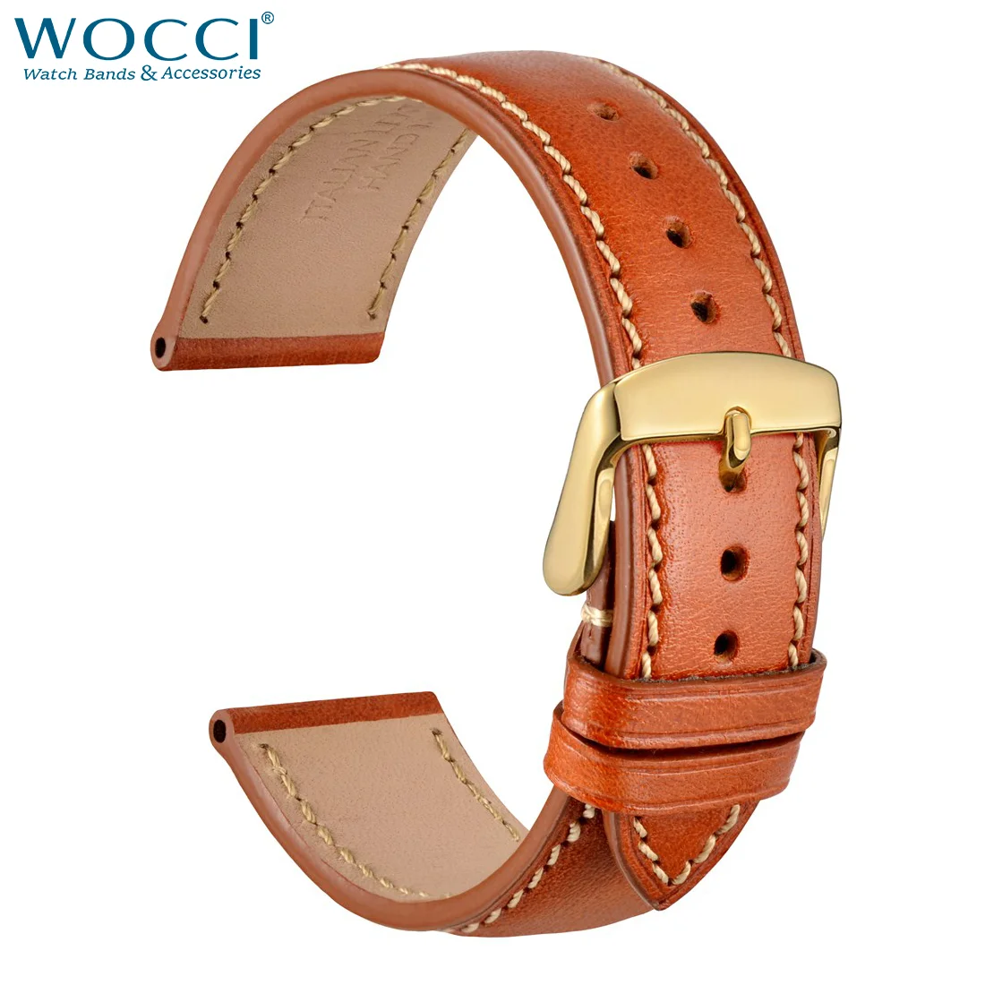 WOCCI Full Grain Italian Leather Watch Band, 18mm 20mm 22mm, Black Brown Red, with Stainless Steel Buckle