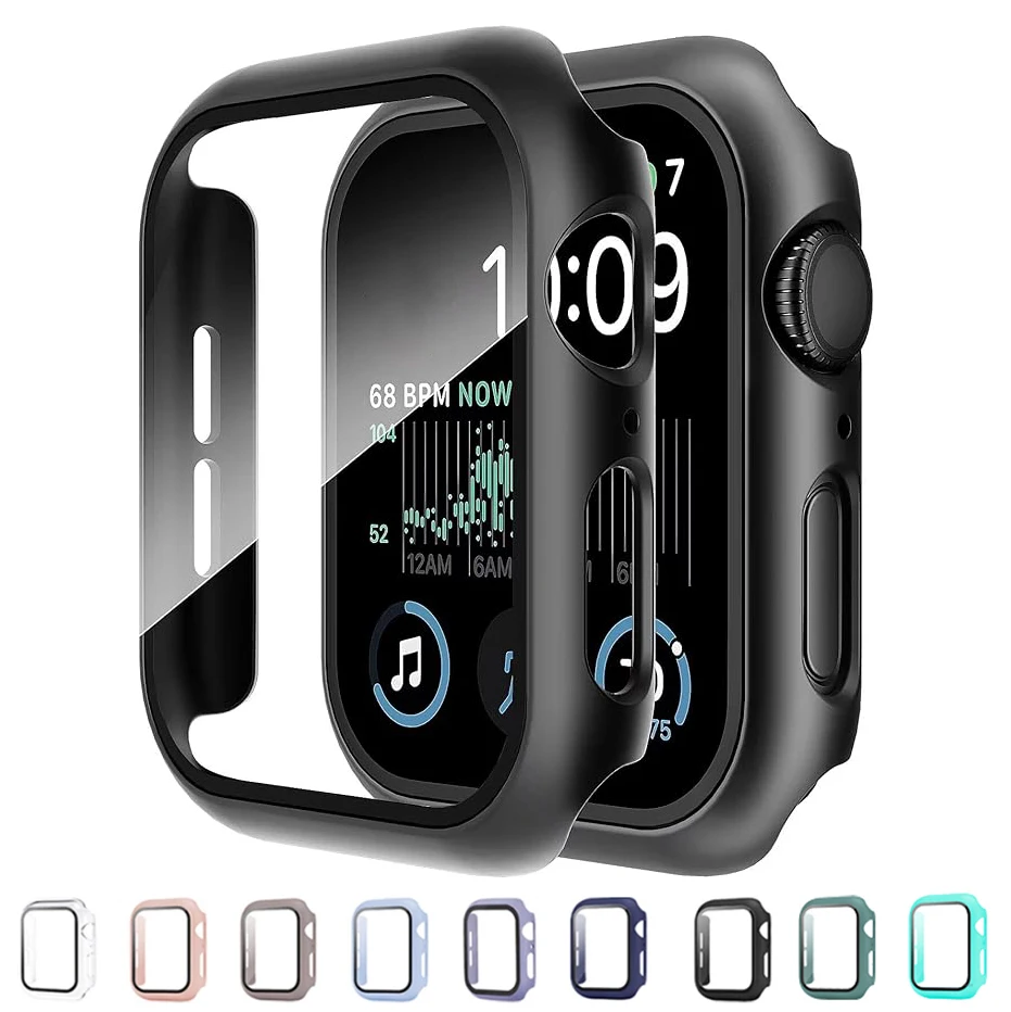 Vidro temperado + capa para apple watch acessórios 45mm 41mm 44mm 40mm 42mm 38mm protetor de tela iwatch caso série 9 5 6 se 7 8 3