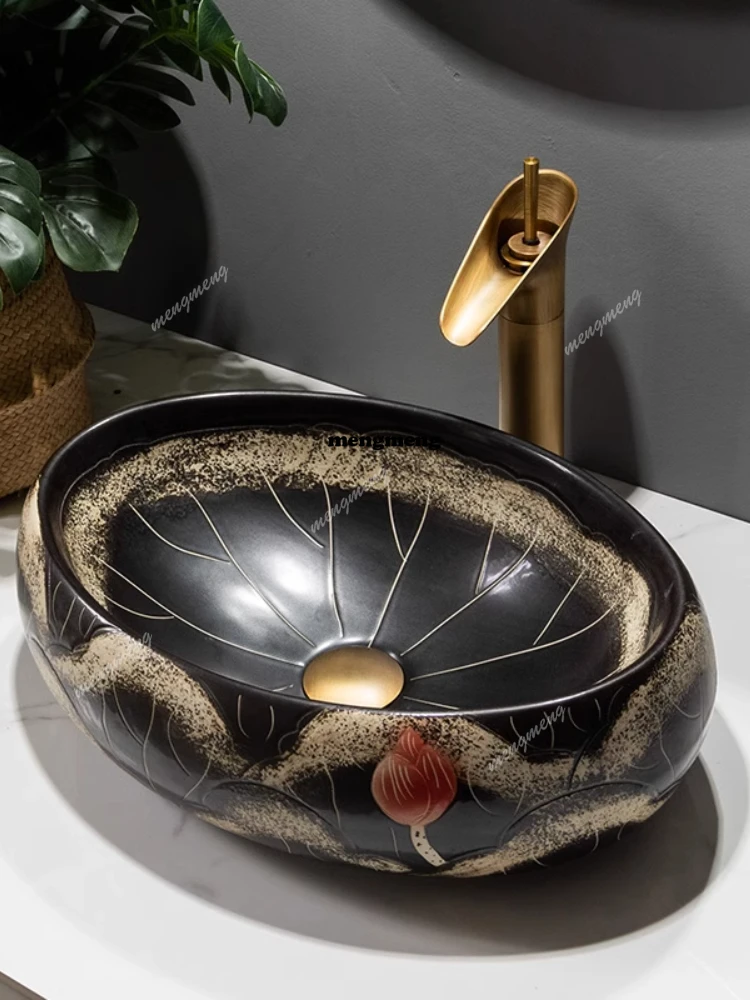 

Керамика в форме лотоса, столешница в китайском стиле, уличный двор, балкон, туалетный столик, одинарная раковина, овальная