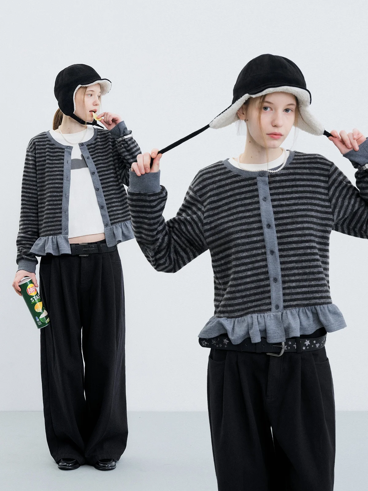 

Женский вязаный кардиган-свитер Kokoasoko, весенне-осенний, свободный, с круглым вырезом, с кружевной отделкой, в полоску, из мягкого полиэстера