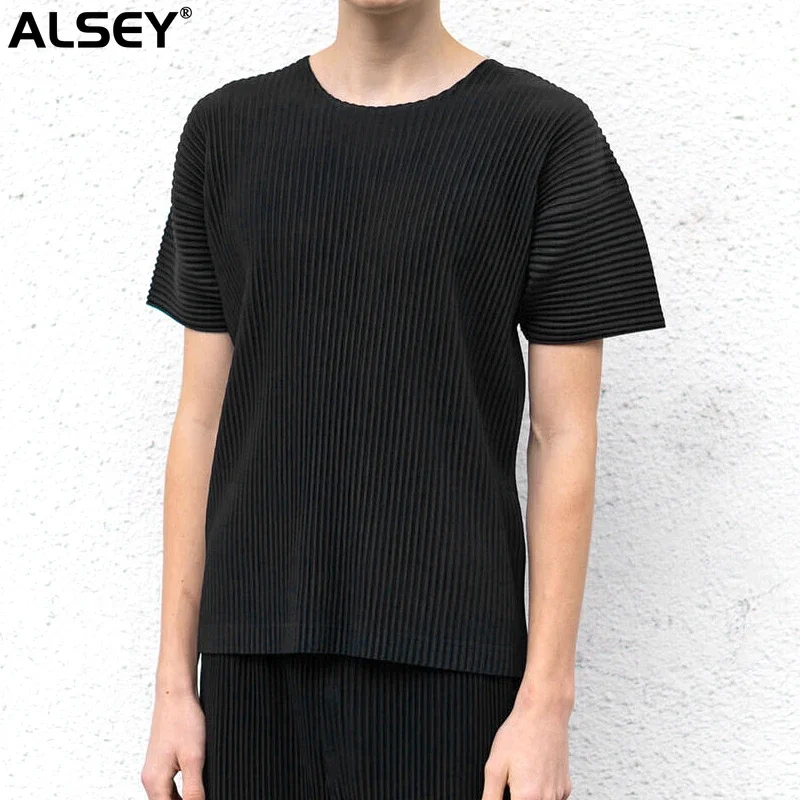 

ALSEY Miyake Pleated T-shirts for Men's Japanese Crew Neck Summer New Casual Loose Versatile Casual Short Sleeved Tops