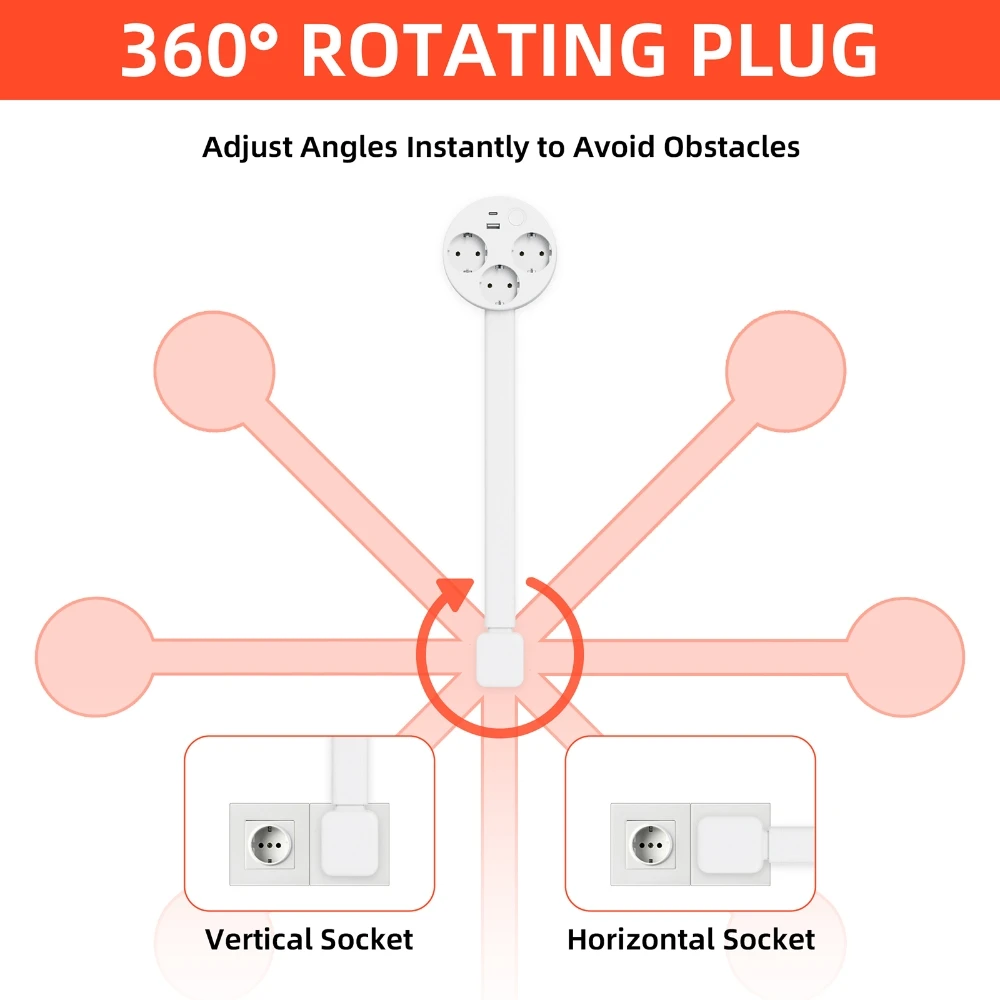 EU Plug 360°Rotating Electrical Wall Plug Power Socket Extender Power Outlets Extension Power Socket Strip Adjustable Length