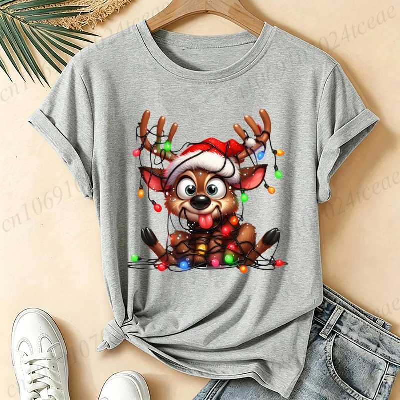 Damen-T-Shirt mit niedlichem Rentier-Weihnachtslichtmotiv, lustiger Weihnachtsmannmütze und Hirsch-Print, kurzärmelig, für Weihnachten und Urlaub, lässige T-Shirts – Detail 3