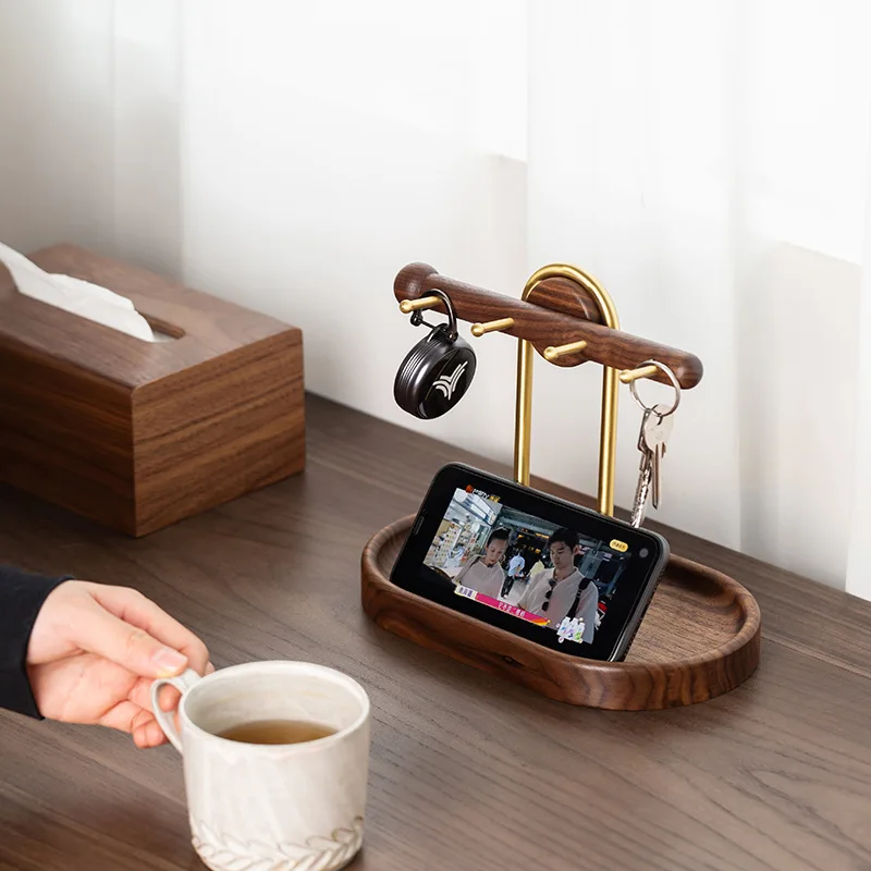 Sundries Organizer North American Black Walnut Minimalist Wood Brass Jewelry Rack with Tray Home Decor Storage Rack