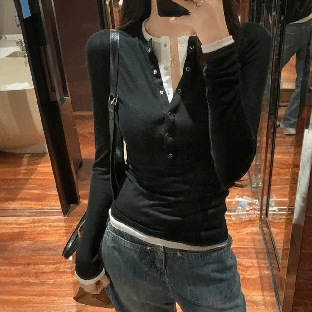 Spicy Girl V-Ausschnitt Langarm-Oberteil Patchwork Retro-Design Basic-Shirt Reverskragen Slim Fit Fake Zweiteiler T-Shirt Freizeitkleidung – Detail 10