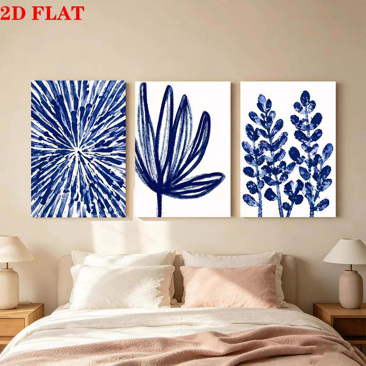 (No frame)3PCS 2D Flat- Blue floral art above bed. themed canvas wall art print - room decor, suitable for Father's Day, Moth