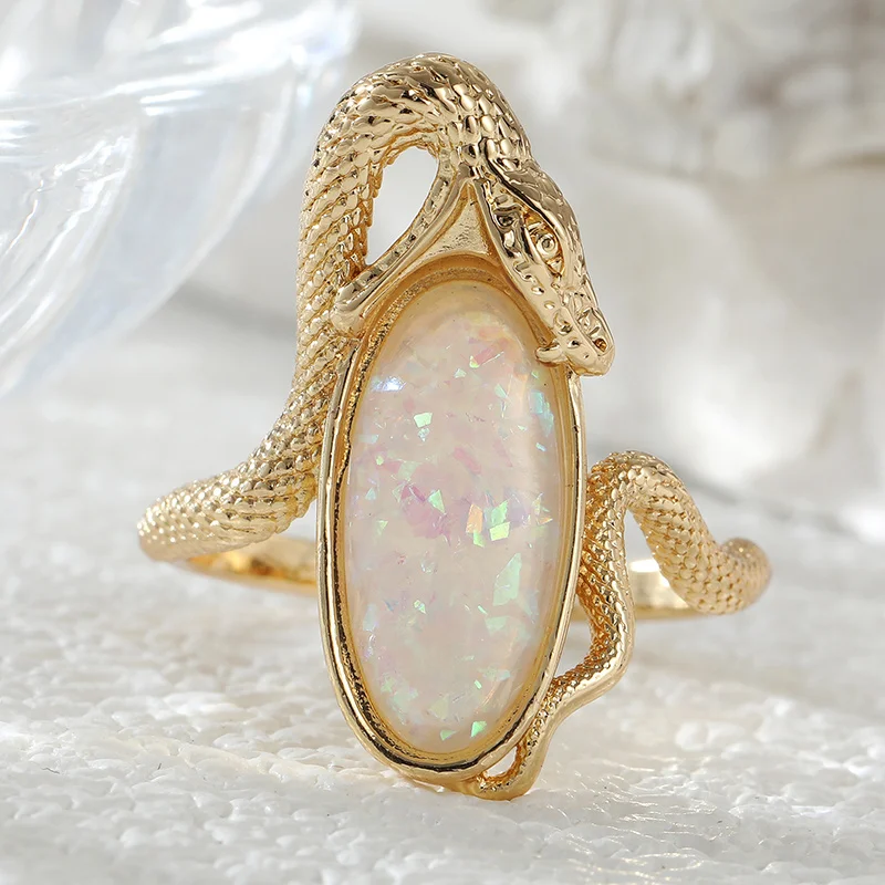 Damen Vintage Persönlichkeits-Schlangenmuster-Relief-Ring mit exquisitem synthetischem Opal-Einlage, Party-Mode-Ring, Gothic-Punk-Accessoire