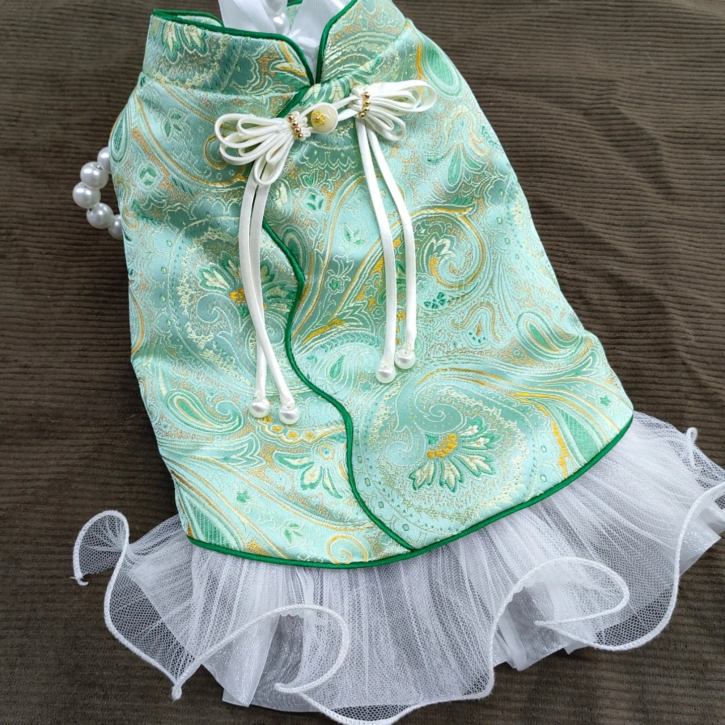 Chinese Style Dog Cheongsam Princess Dress With Matching Bib Traditional Jacquard Tulle Skirt For Small Dogs Schnauzer Yorkie
