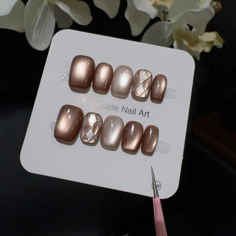10 pçs unhas falsas artesanais para colar outono inverno marrom olho de gato dicas de unhas arte do prego unhas falsas curtas com cola imprensa em unhas