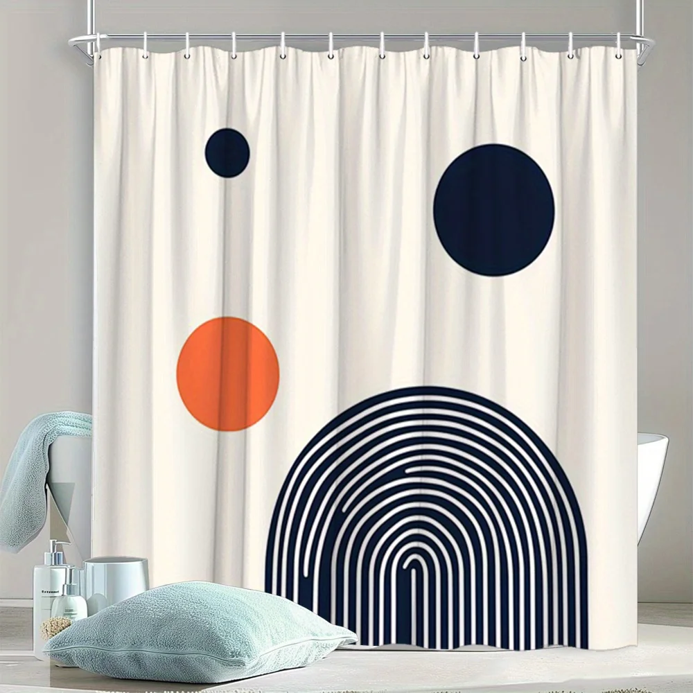 

1 шт., занавеска для душа с геометрическими кругами и отпечатками пальцев — минималистичный черный и оранжевый абстрактный дизайн, прочная полиэфирная ткань