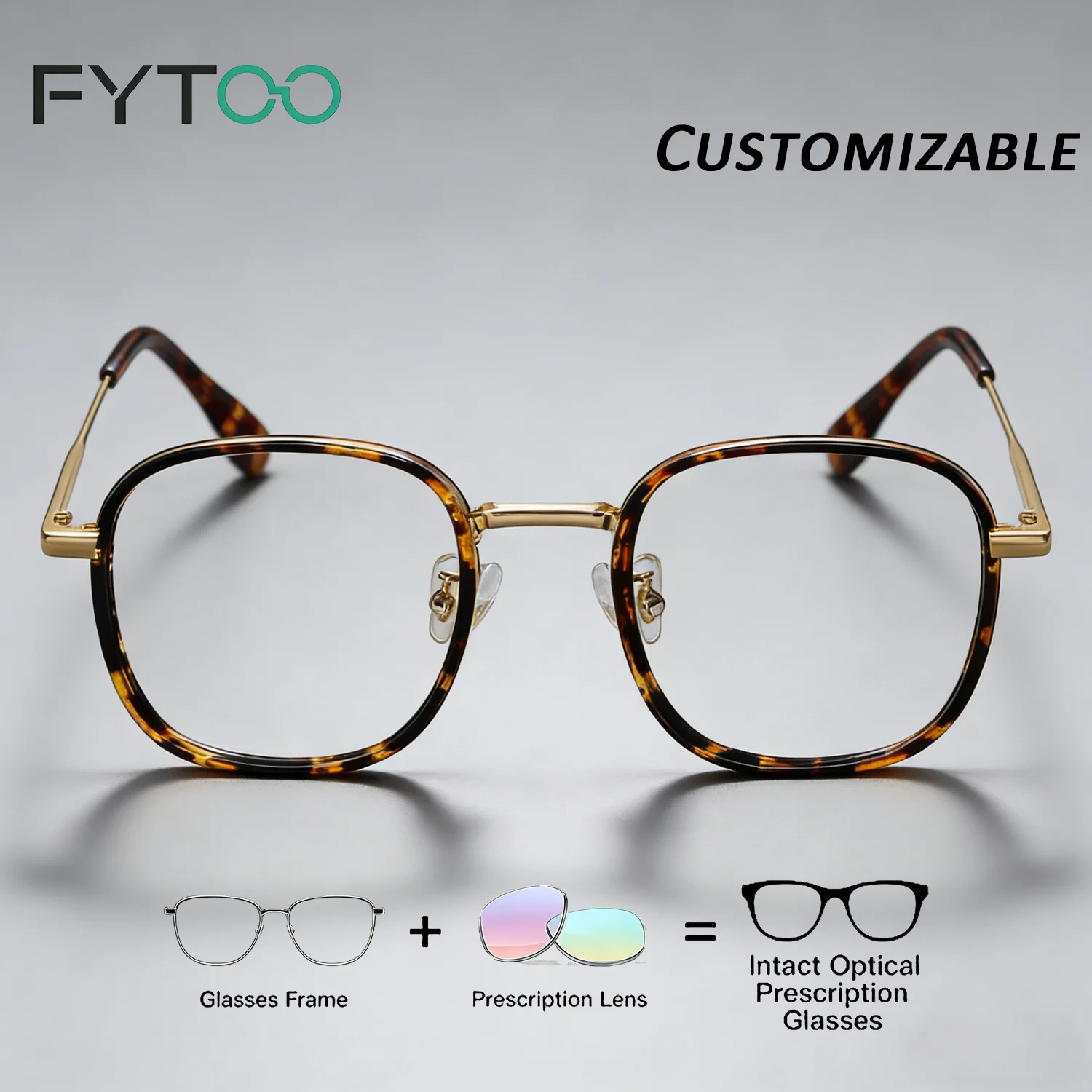 

FYTOO Unisex Tortoiseshell TR Square Glasses Blue Light Blocking Photochromic Rx Myopia Lenses with Custom Formula.