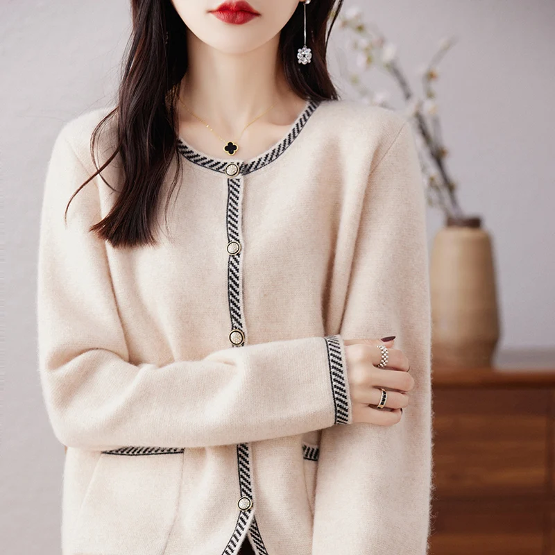 Autumn/Winter Thick Knitted Coat 100% Merino Wool Round Neck Tops Women\'s Fashion Korean Casual Contrast Cardigan Warm Jacket