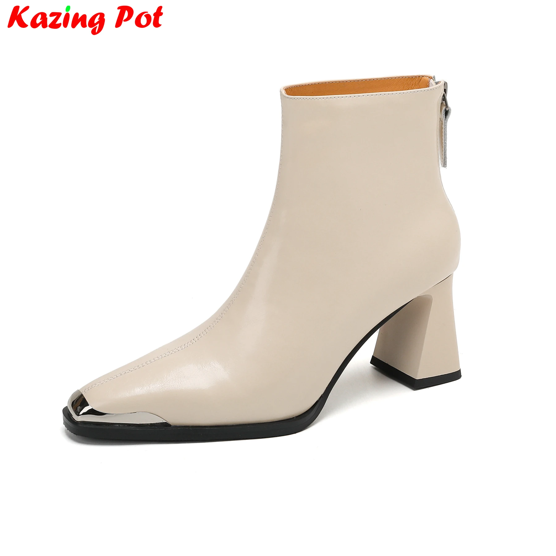 Cow Leather Square Toe High Heels Zipper Modern Boots Warm Winter Shoes Dating Concise Party Elegant Dress Casual Ankle Boots