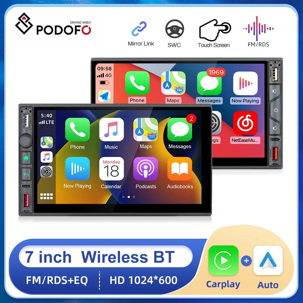 

Podofo 2din MP5 Player 7”Car Stereo Radio For Universal Wireless Carplay Android auto Bluetooth FM AM Radio Receiver For RHD/LHD