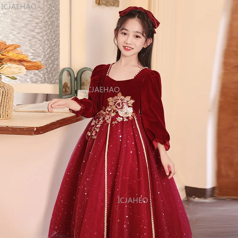 Red Girls Long Sleeve Princess Dress Piano Recital Gown Flower Girl Wedding Party  Formal Celebration Host Performance Outfit