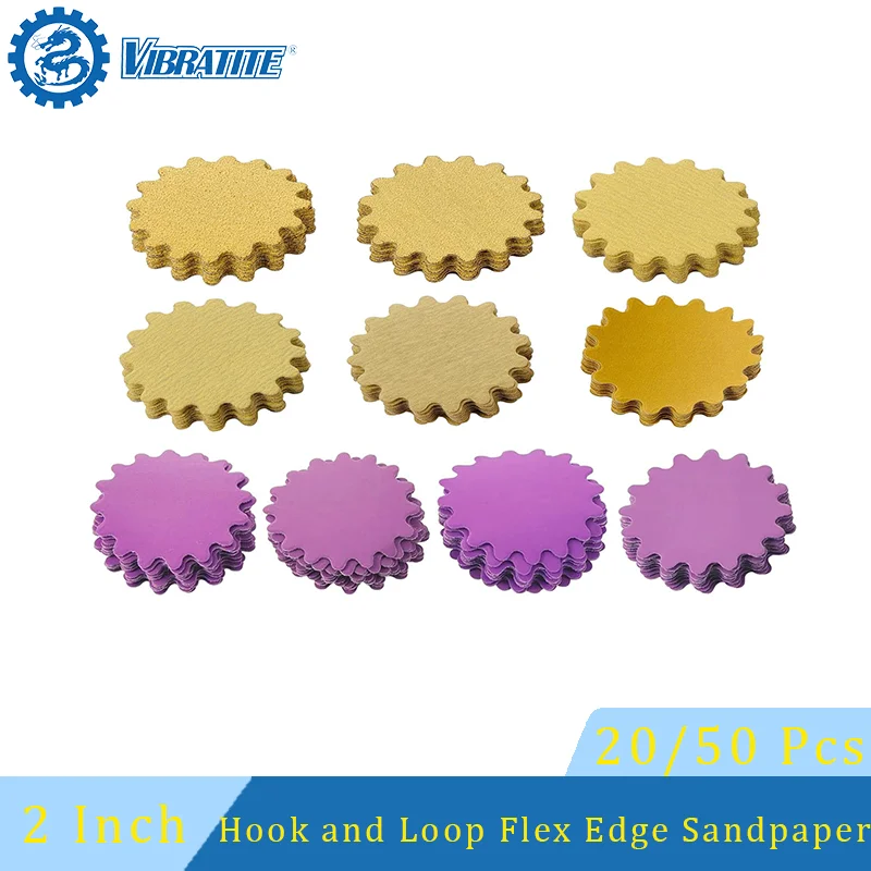 2 Inch Hook and Loop Flex Edge Sand Paper 20/50 Pcs Assorted 60-800 Grit for Polishing Drill Bowl Sanders Edge Sanding Tools