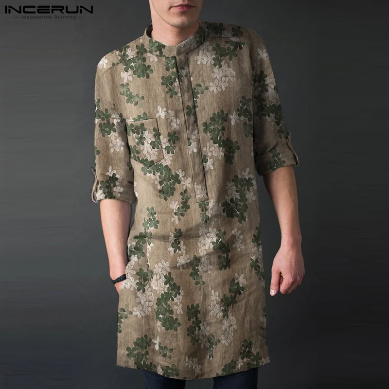 

INCERUN Muslim Style Shirts Robe New Men's Floral Printing Three Color Standing Neck Mid length Medium Sleeve Blouse S-5XL 2023