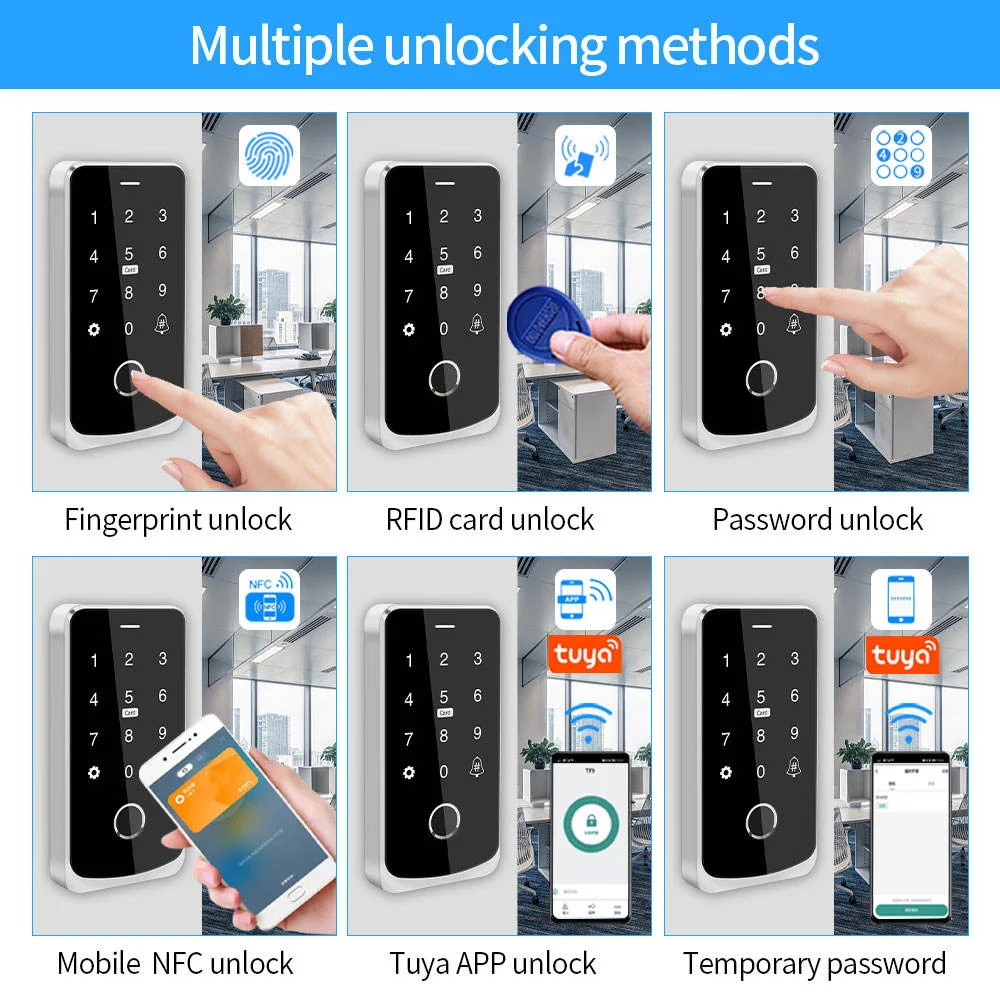 Waterproof NFC Bluetooth Tuya APP Access Control 13.56Mhz RFID Card Biometric Fingerprint Access Control Keypad Door Lock