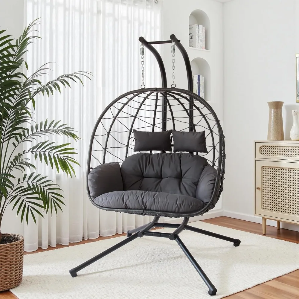 

Patio Wicker Hanging Egg Chair with Stand, Thickened Steel Frame, UV-Resistant Cushion