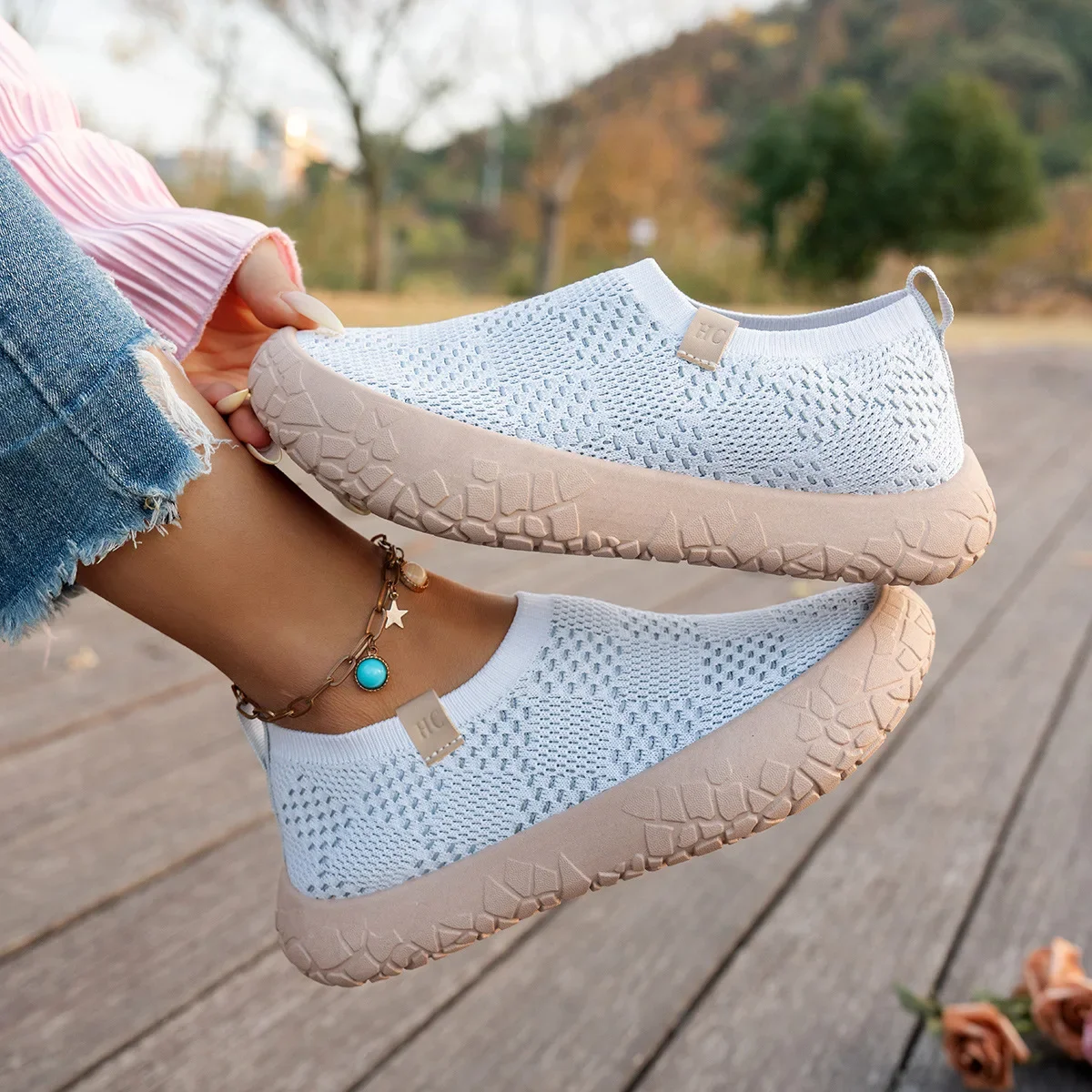 Atmungsaktive Damen-Slip-On-Sneaker mit Plateau, dicker Gummisohle, leicht, rutschfest, für Outdoor, Walking, Alltag und Freizeit – Detail 2
