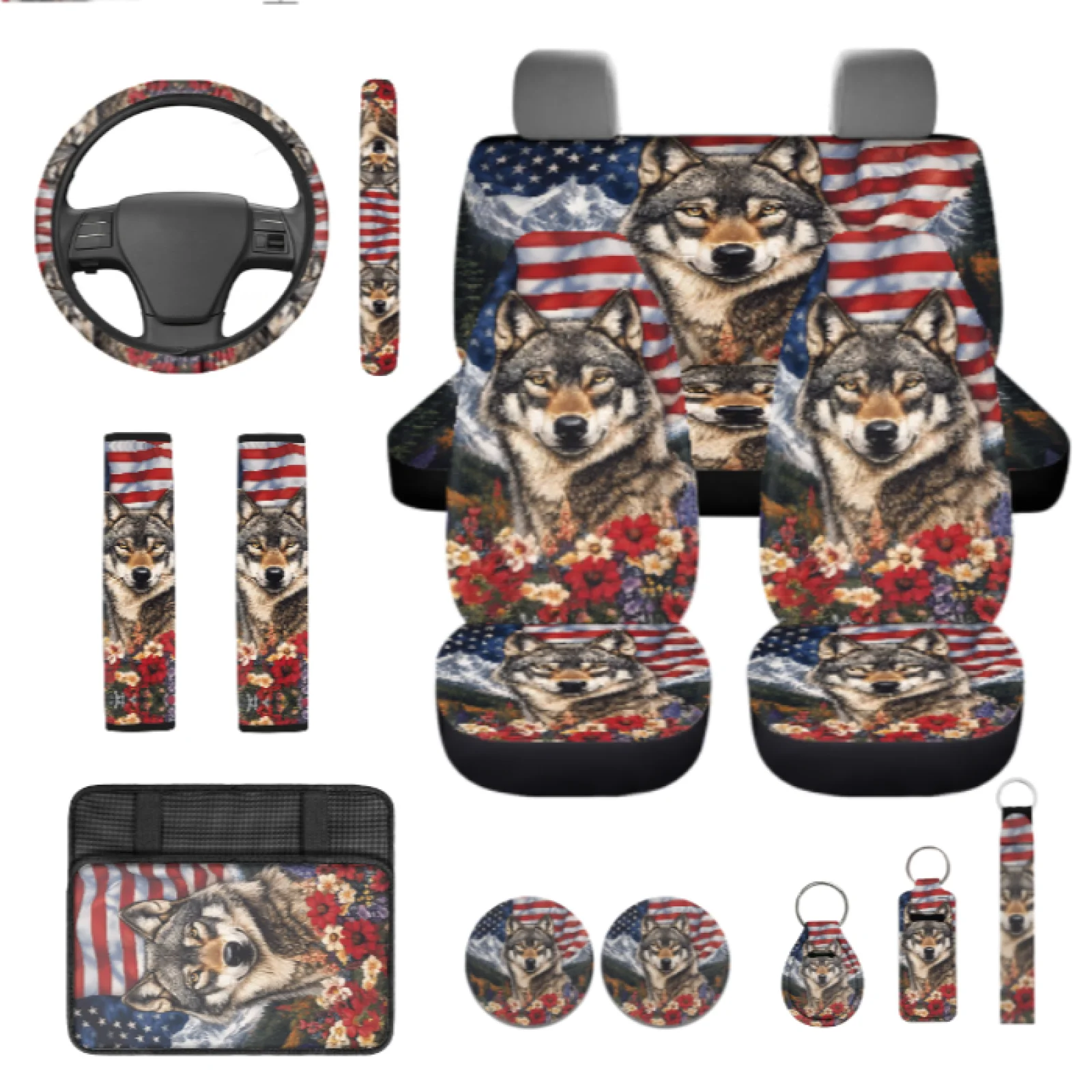 Coloranimal American Flag Wolf 13 PCS Set Auto Accessory Decor with Elastic Seat Belt Cover and Keychain for Interior