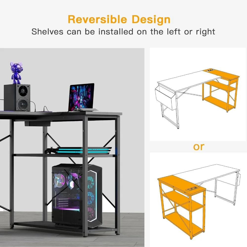 L Shaped Computador Com Tomadas De Energia, Canto Pequeno Com Prateleiras Reversíveis, Mesa De Jogos