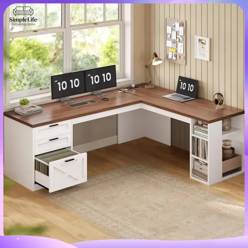 L Shaped Computer Desk 67 Inch with 3 Drawers and Storage Shelves White Corner Desk for Home Office with Power Outlet USB