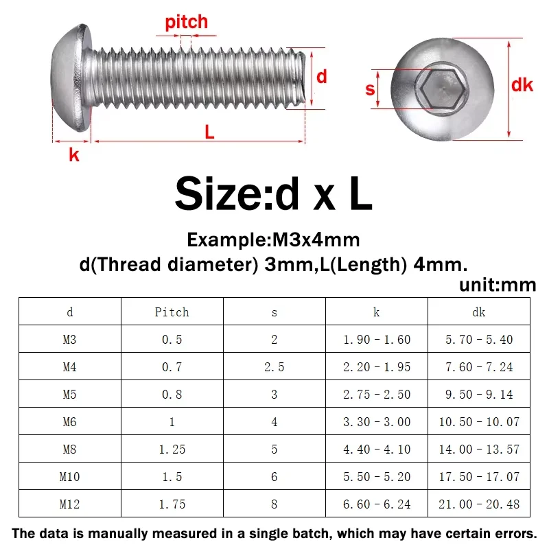 M3 M4 M5 M6 M8 M10 316 Stainless Steel Hex Socket Head Screw Round Inner Hexagon Machine Furniture Bolt