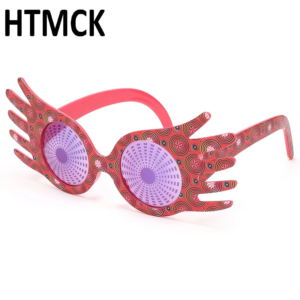 HTMCK Red Swirl Print Frame Hand Shape Masquerade Glasses with Purple Lens Funny Decorative Ball And Carnival Costume Eyewear