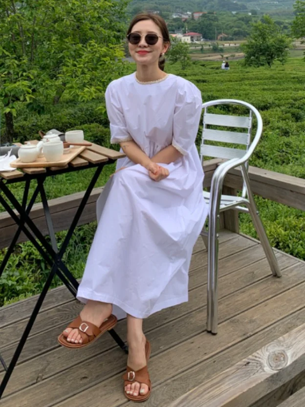 Vestido e de verano con corte de encaje y cuello empalmado, Vintage, refrescante, de Color sólido, manga de burbuja, f...