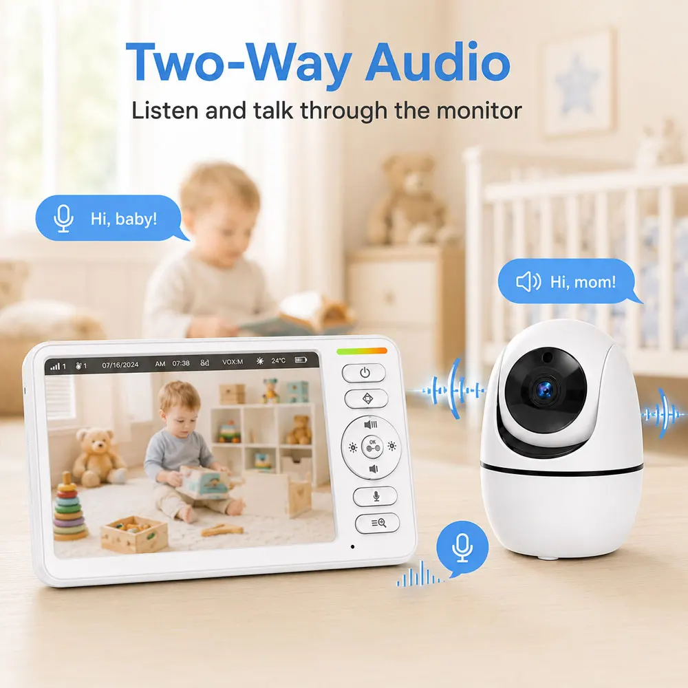 5-Zoll-PTZ-Babyphone-Kamera mit Audio, 5000mAh wiederaufladbarem Elternbildschirm, 4-fachem Digitalzoom, Zwei-Wege-Kommunikation, IR-Nachtsicht, VOX-Geräuscherkennung, Raumtemperaturüberwachung, 5 Schlaflieder, Fernüberwachung, kabelloser Videomonitor für Kinderzimmer, Schlafzimmer und Babypflege – Detail 4