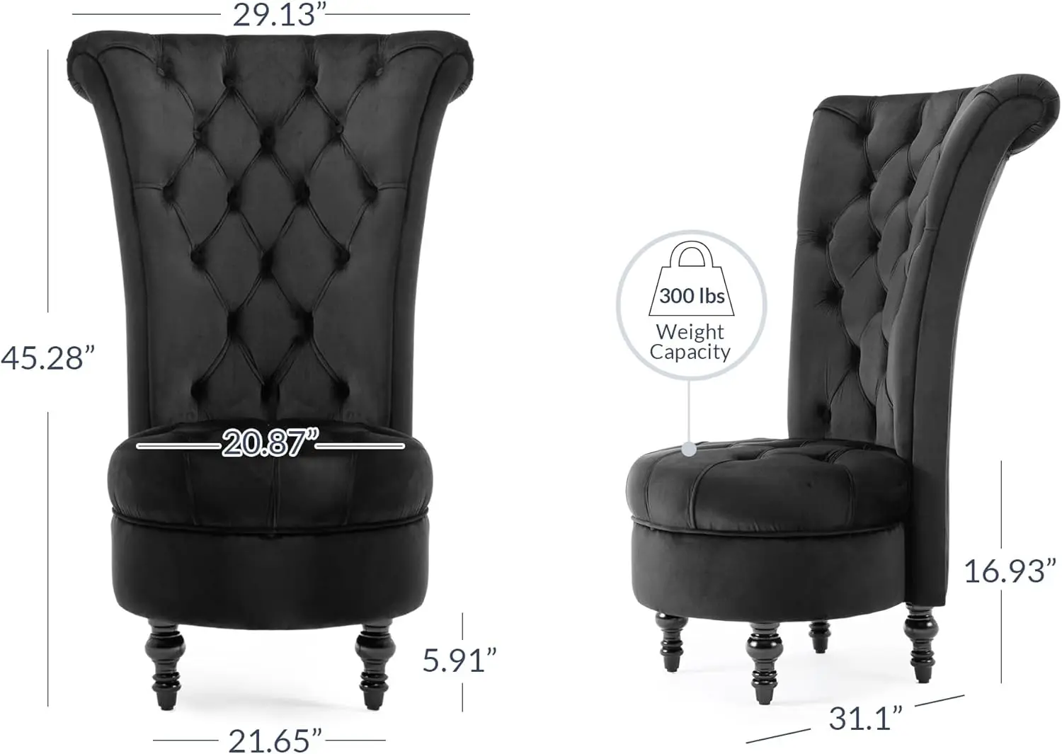 Modern Gothic Style Velvet Accent Chair Elegant Seating with High Back & Button Details Fireplace - Tufted (Black)