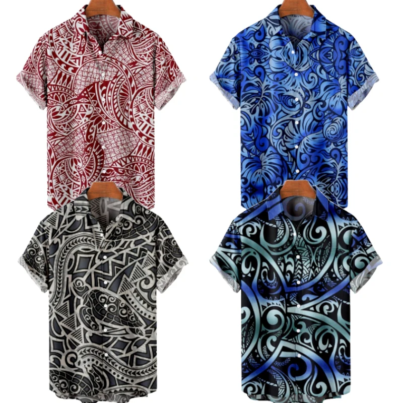 Men's Fashion Y2K T-Shirts Hawaiian Shirt Samoan Texture 3D Print Cozy Casual One Button Short Sleeve Beach Oversized Clothes