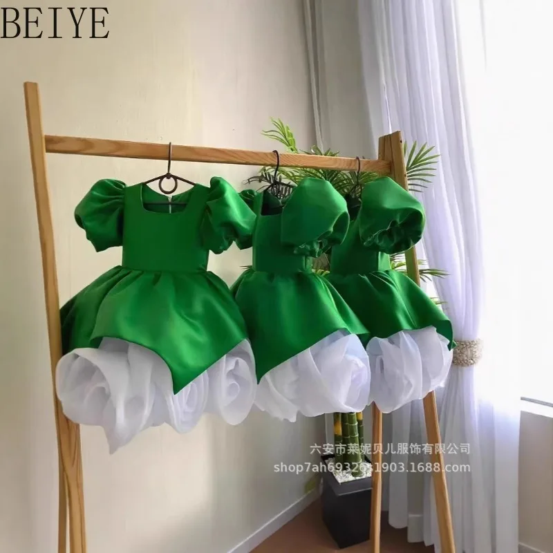 

Green Satin Puff Sleeve Flower Girl Dress Square Neck Irregular White Ruffle Tulle Dress Kids Birthday Pageant Princess Gown