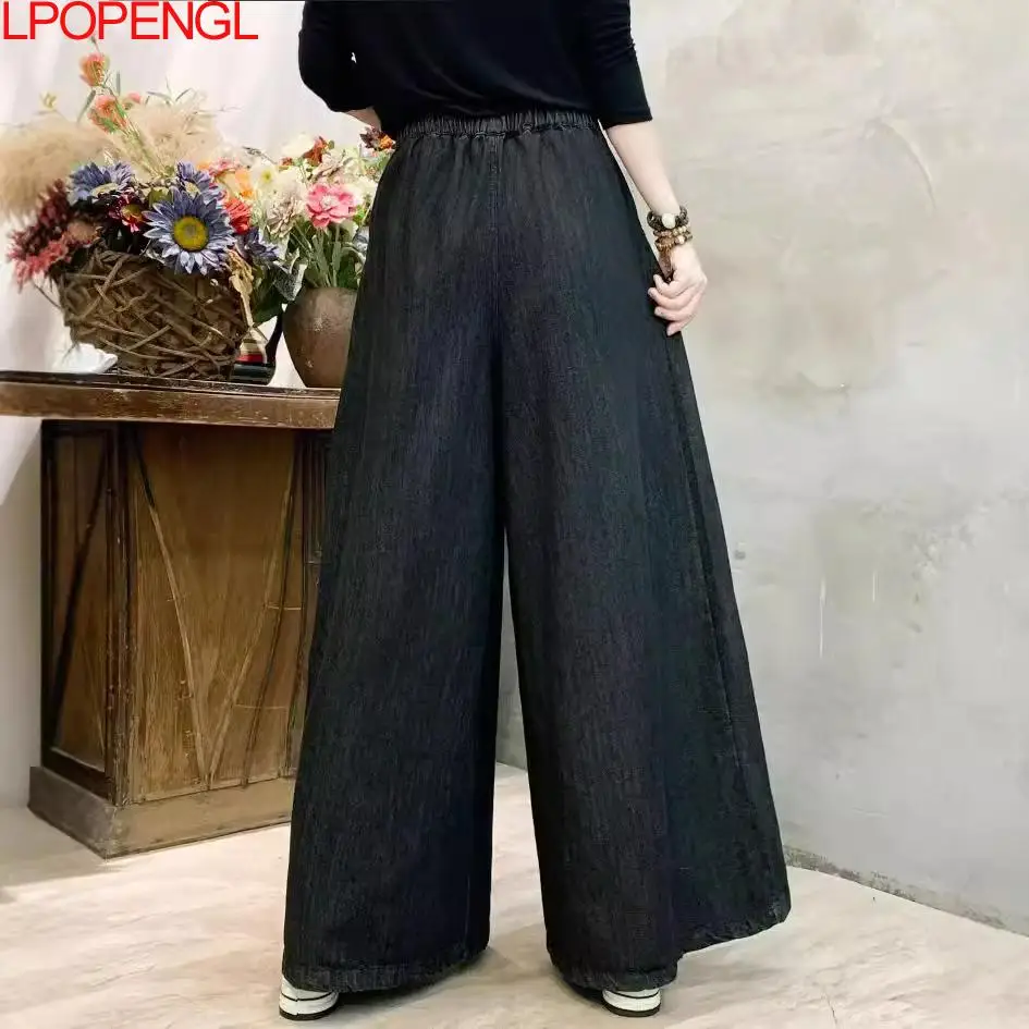 Ethnic Style Women's Fashion Retro 2024 Autumn New Print Stitching Elastic Waist Straight Oversized Loose Denim Wide-leg Pants