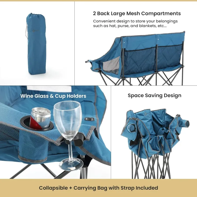 Portable Folding Double Duo Camping Chair Loveseat w/ 2 Cup & Wine Glass Holder