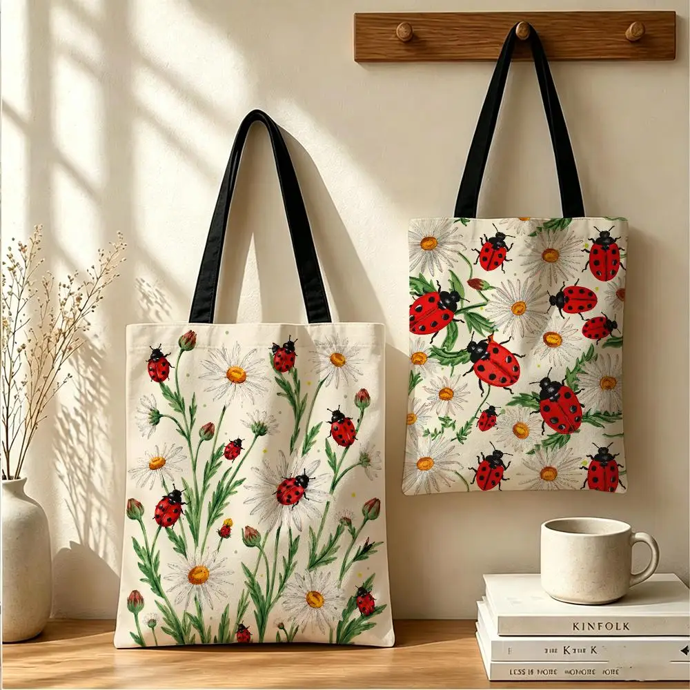Ladybug Daisy Pattern Storage Bags Large Capacity Canvas Tote Bag Reusable Shoulder Handbag for Daily Shopping Travel