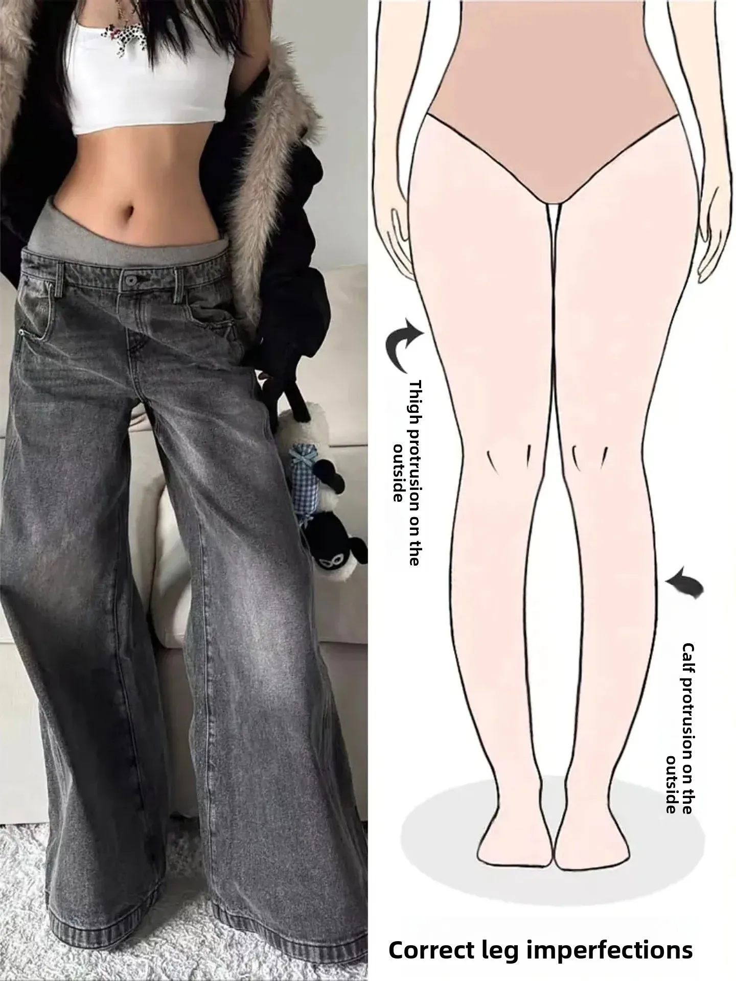 

Washed American Retro Pear Shaped Body Double Waist Head Zipper Design Side Long Jeans Women Spring New Loose High Waist Jeans